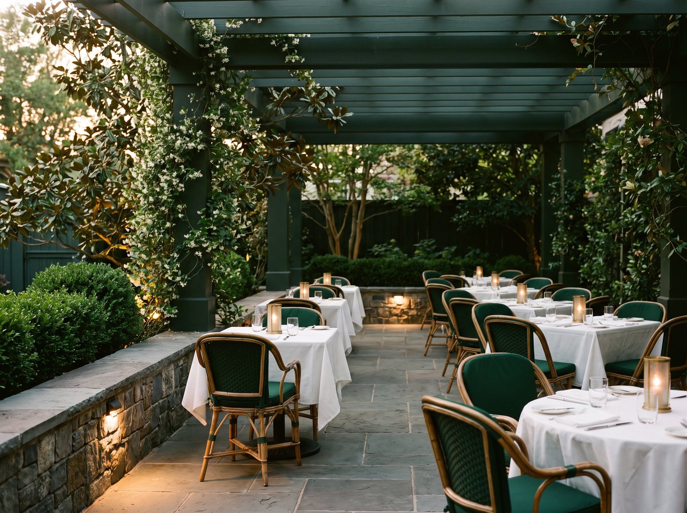 The garden terrace at Cayleigh’s Bistro — white linen, candle lanterns, and a jasmine-draped pergola at dusk